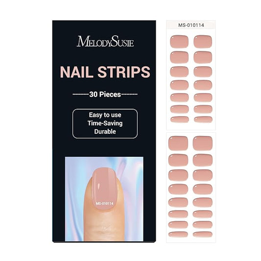 MelodySusie 30PCS Semi Cured Gel Nail Strips, Nude Jelly, Salon Quality, Long Lasting, Easy to Apply, Includes 2 Prep Pads, Nail File and Wooden Stick
