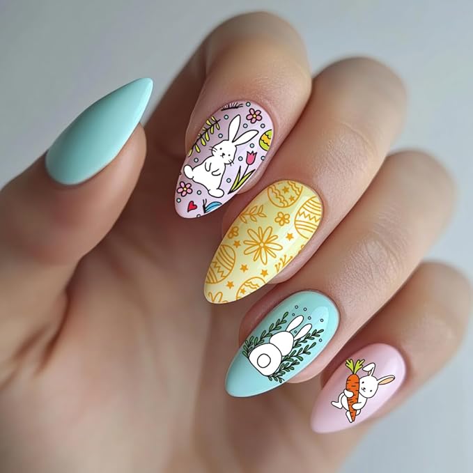 PH PandaHall 5pcs Easter Rabbit Nail Art Templates, Egg Vegetable Nail Stamping Plate Wreath Texture Nail Art Stencils Stainless Steel Nail Image Plates for Nail Design Print Manicure Salon