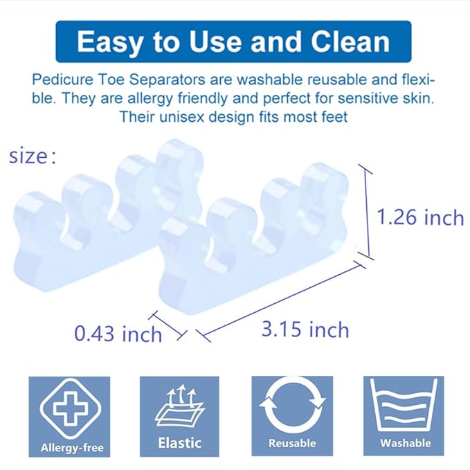 Toe Separators for Bunion & Nail Polish - Pedicure Toe Spacers & Toenail Dividers, Orthopedic Gel Material, Washable & Reusable Pedicure Supplies