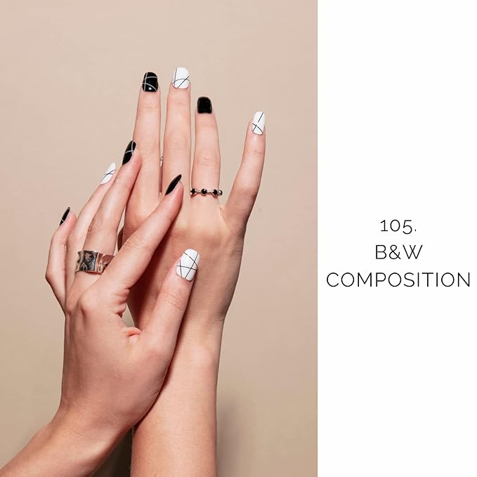 NAILOG Semi Cured Gel Nail Strips 20 Pcs | Buy 2 Get 1 UV Lamp | Extra Long Nail Wraps with Glossy Gel Finishing | B&W Composition