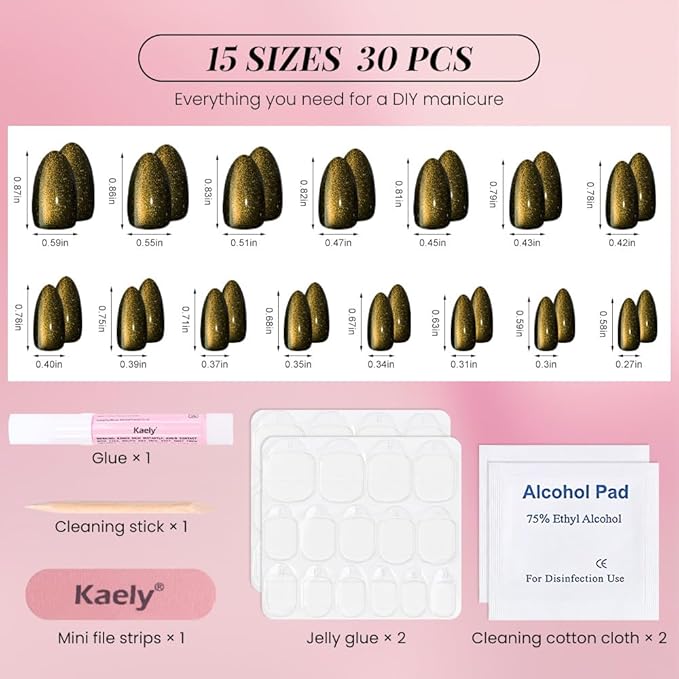 evpct Cat Eye Gold Silver Press on Nails Almond Short, Gold Silver Metal Short Almond Soft Gel Press on Nails with Nail Glue, 60Pcs Reusable Acrylic Fake Press-on Nail Polish Kit for Women Gift