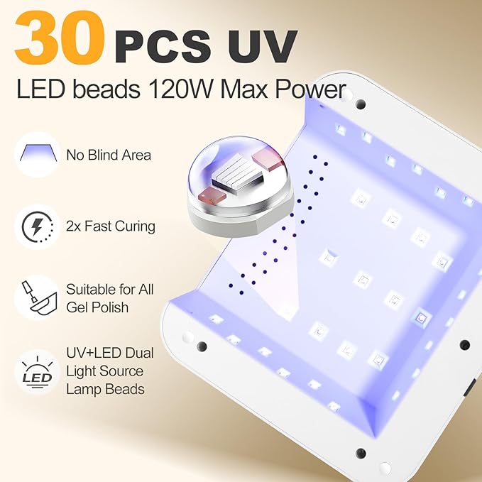 UV Nail Lamp 120W, Professional UV LED Lamp for Gel Nails Long-Lasting 30Pcs Beads Cordless Gel Nail Light, Fast Curing Nail Dryer with Knob for Home Salon DIY Orange