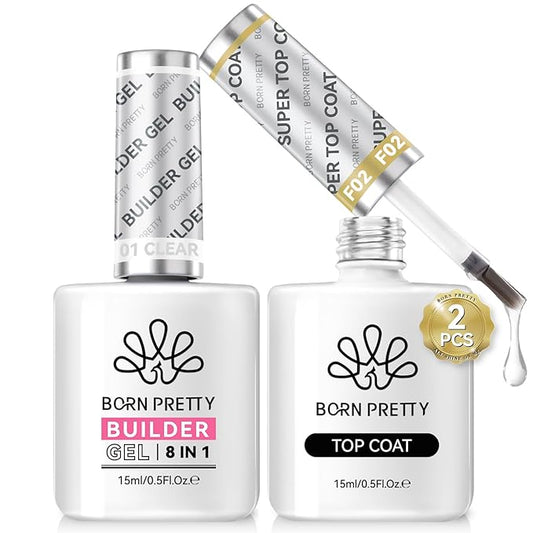 Born Pretty Glossy Top Gel, Clear Builder Nail Gel for Nails, 8 in 1 Nail Strengthener in a Bottle, Builder Extension Gel for Nails Shine Finish and Long Lasting Nail Protection Soak Off 15ml 2pcs