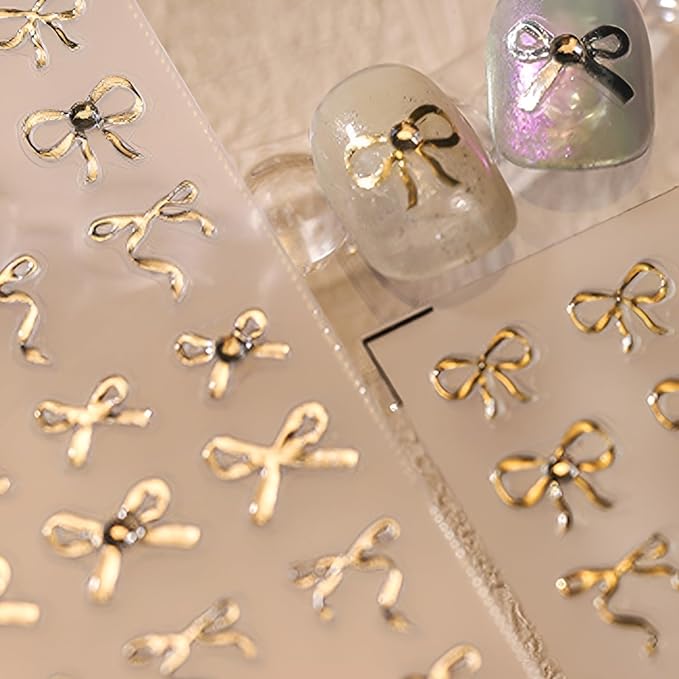 5D Embossed Bow Nail Art Stickers Decals Silver Gold Bow Nail Stickers for Nail Art Self Adhesive Silver Gold Bow Nail Art Supplies for DIY Manicure Decoration for Women Girls 2 Sheets