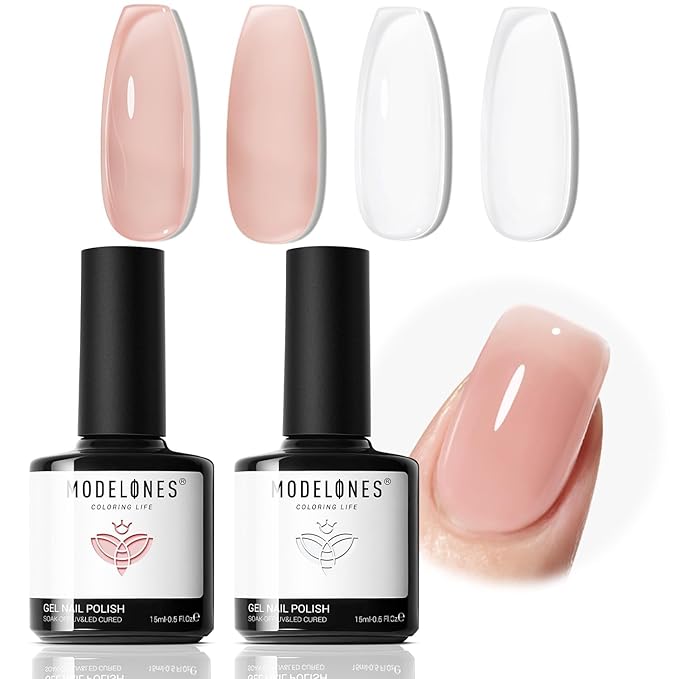 modelones Gel Nail Polish Set 2 Pcs 15ml Jelly Nude Pink and Milky White Gel Polish, French Manicure Base Gel Bubble Bath UV Soak Off Nail Gel for Nail Art, DIY Home or Salon