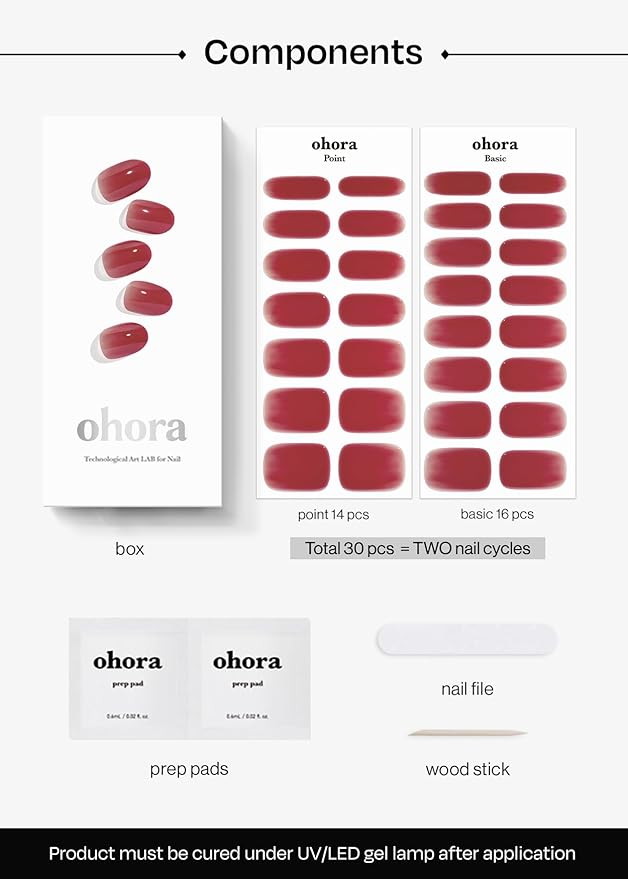 ohora Semi Cured Gel Nail Strips (N Deep) - Red, Jelly, Works with Any UV/LED Lamps, Salon-Quality, Long Lasting, Easy to Apply & Remove - Includes 2 Prep Pads, Nail File & Wooden Stick