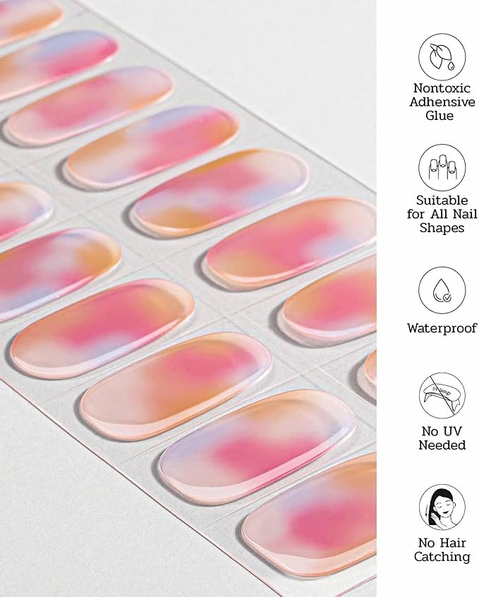 Nail Polish Strips - 22 Pcs Salon Quality Gel Nail Stickers - Long Lasting Wraps (Strawberry Cocktail Pink&Orange)