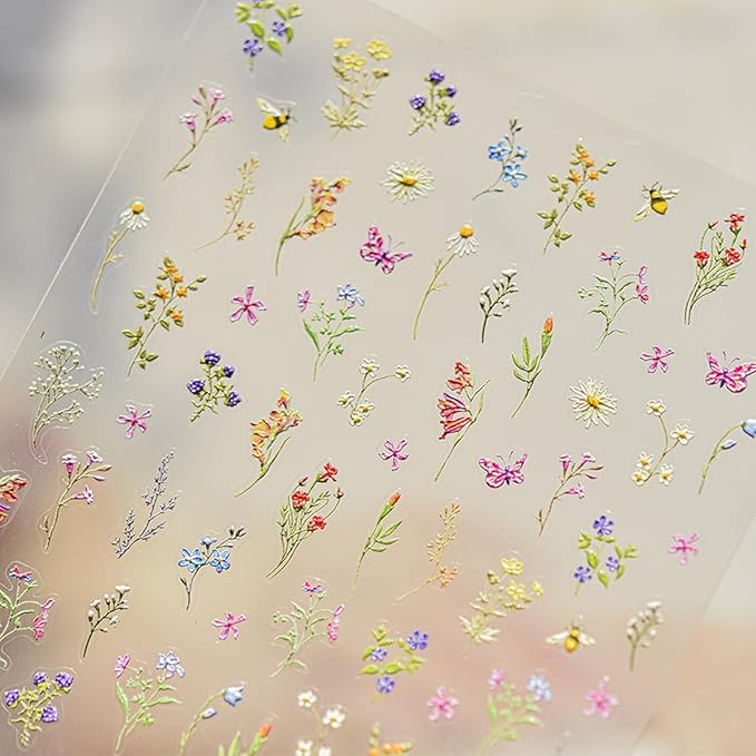 Flower Nail Stickers 5D Embossed Flowers Nail Art Stickers Spring Summer Floral Leaf Plant Nail Decals Self-Adhesive Nails Supply Manicure Sliders for Women Girls Nails Art Decoration