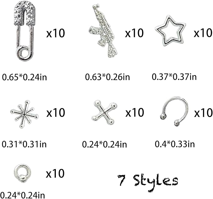 300PCS Sliver Nail Charms for Acrylic Nails, Silver Alphabet Beads Nail Gems Alloy Gun pin Star Nail Accessories, Nail Rhinestones for Nail Art Supplies Manicure Craft DIY