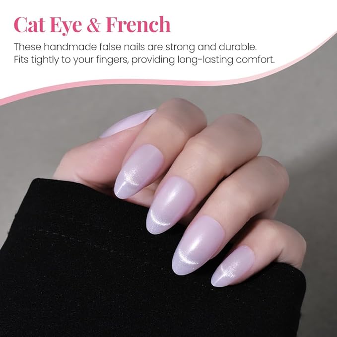 Cat Eye Press on Nails Short Almond - Light Purple Shimmer Glossy French Tip Press on Nails Gift, Soft Gel Press Glue On Nail with Nail Glue, Supremely Fit Full Cover Reusable Acrylic Fake Nails Kit