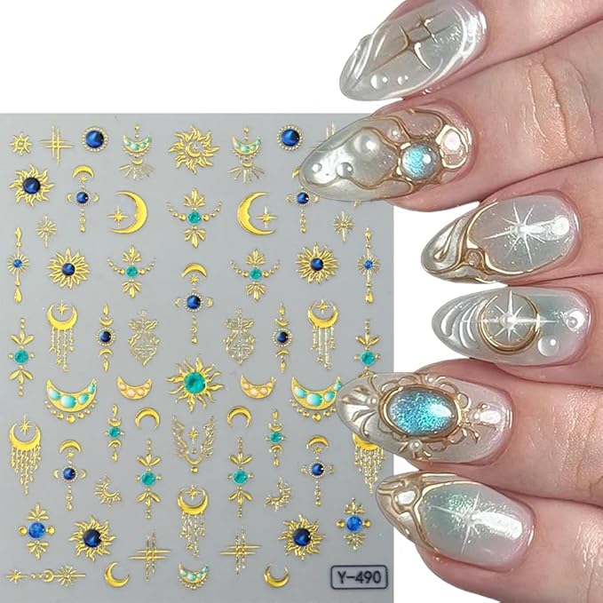 3 Sheets Star Moon Nail Stickers 5D Embossed Gold Stars Nail Art Stickers Shiny Star with Diamond Love Heart Sun Self-Adhesive Designs Chrome Nail Decals for Women DIY Decor Accessories