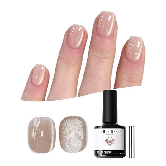 modelones Cat Eye Gel Nail Polish, 15 ML Pearl Nude Glitter Glass Gel Polish with Magnet Soak Off Led Shimmer Shell Thread Brown Nail Polish Top Coat for Women Girl DIY Nail Art Gift