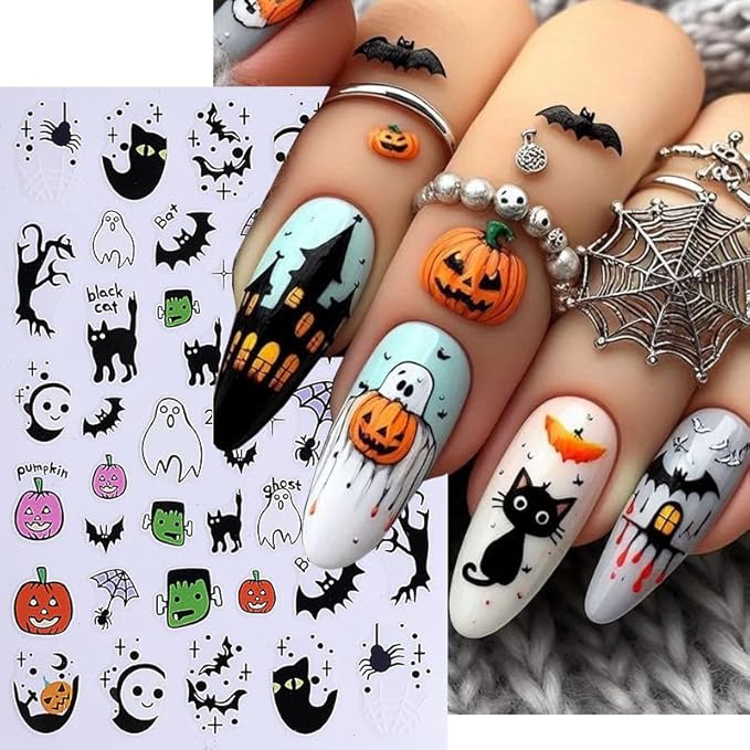 6 Sheet Halloween Nail Stickers 3D Self-Adhesive Nail Art Stickers Decals with Bat Spider Web Design Nail Stickers for Nail Art Flower Ghost Manicure Decoration for Women Nails Supplies