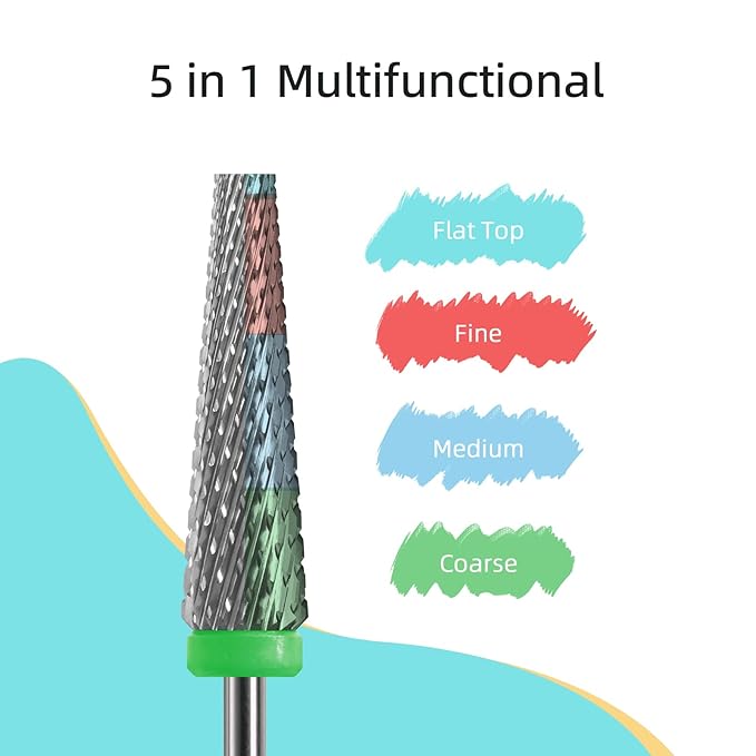 5 in 1 Nail Drill Bits, 24mm Flat Top Tapered Professional Tungsten Carbide Bit for Gel Polish & Acrylic Removal, Electric File Manicure Drills Accessories Tool,C