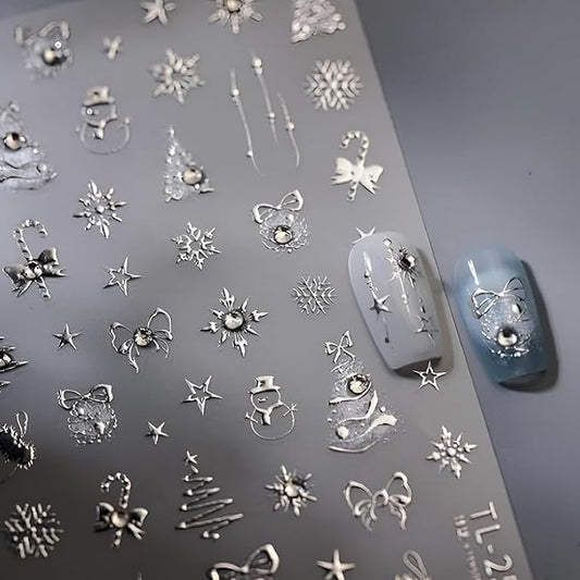 Christmas Nail Art Stickers 5D Embossed Self Adhesive Silver Christmas Nail Stickers with Rhinestone Design Star Xmas Tree Snowflake Nail Decals for Women Girls Nail Supplies Manicure DIY