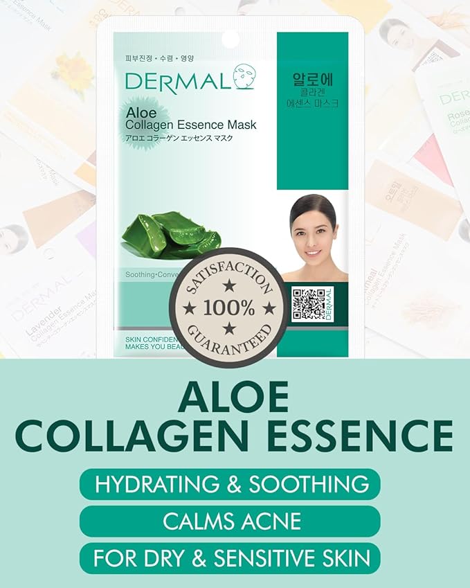 DERMAL Aloe Collagen Essence Facial Mask Sheet 23g Pack of 10 - Skin Revitalizing & Soothing, Refreshing and Moisturizing, Sunburn Relief, Daily Skin Treatment Solution Sheet Mask