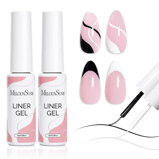 MelodySusie 2Pcs Gel Liner Nail Art Polish,for Line and Patterns of Painting,French Nail Tips,DIY Manicure Pedicure for Home DIY Salon Use 8ML White and Black