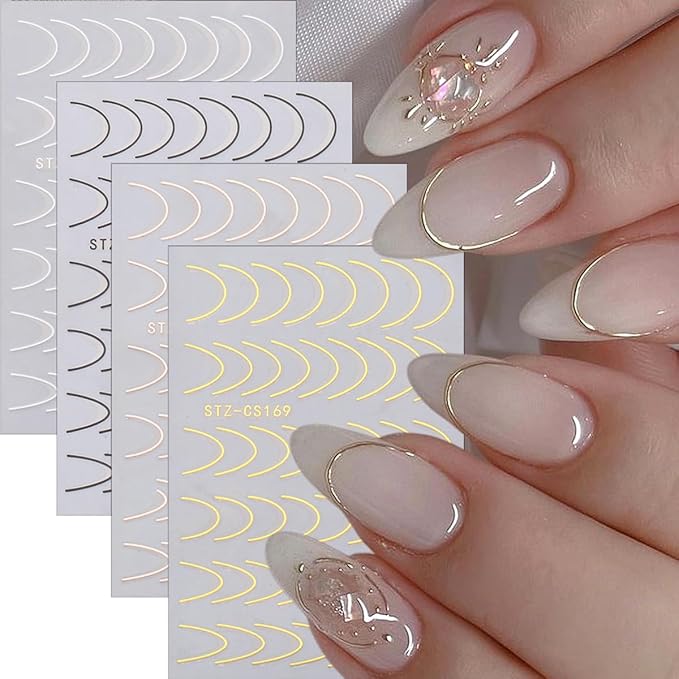 8 Pieces French Tip Line Nail Art Stickers 3D Simple Lines Nail Stickers Black White Gold Silver Metal Stripes Adhesive Decals Curved Gel Nail Art Polish Sliders Manicure Foils Decor Accessories