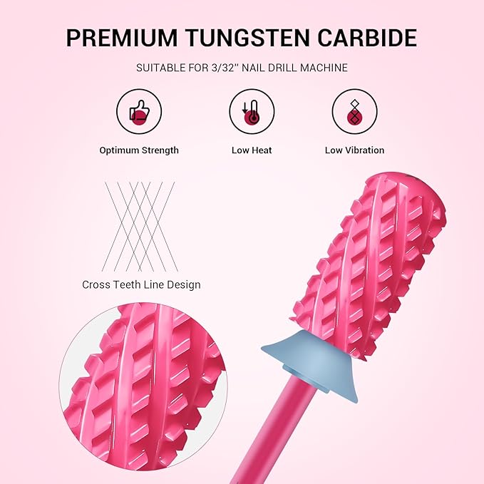 MelodySusie Safety Nail Drill Bits, 3/32'' Smooth Round Top Large Barrel Carbide Bits, Suitable for Manicure Pedicure Cuticle Gel Polishing, Beginners Bits, Pink Blossom, Series Bit-S, 4XC