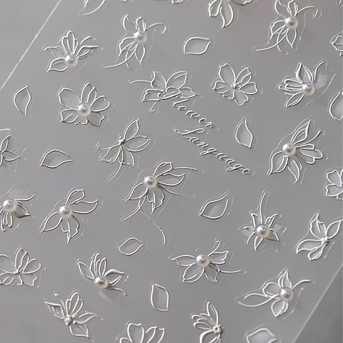 5D Embossed Flower Nail Stickers White Floral Nail Art Stickers Self-Adhesive Pearls Nails Decalsb Spring Summer Nail Art Design Supplies for Women Girls Nails Manicure Decoration