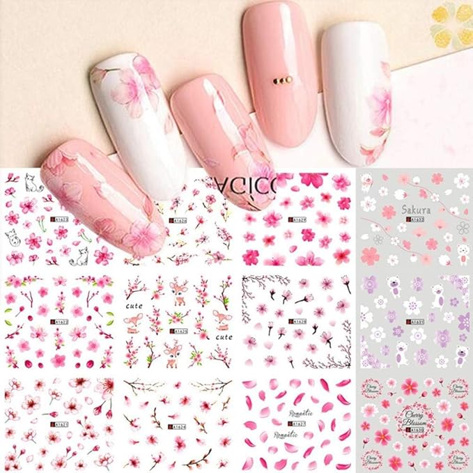 Pink Flowers Nail Stickers Pink Cherry Blossoms Decals with Tree Leaves and Animal Nail Art Sliders for Nail Art Decoration Watermark Designs Foil Nail Art Decals Manicure Tips Decorations (2 Pink)