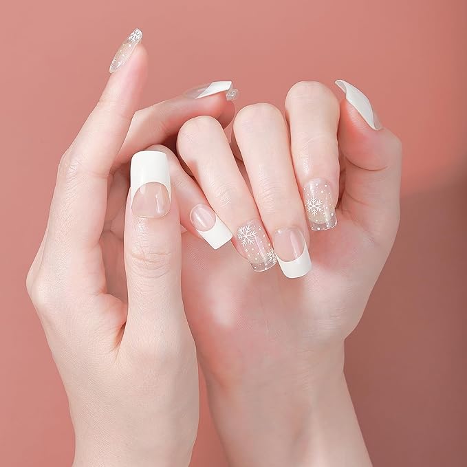 Christmas Semi Cured Gel Nail Strips, 16 Pcs Winter Xmas Gel Nail Stickers Snowflake Designs White French Tip Wraps for UV/Led Manicure Lamp Nails Art Decorations