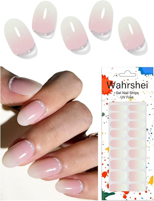 Gel Nail Strips No UV, Pink Ombre, Diamond, UV Free, Long Lasting Gel Stickers - Contains 22 Wraps, 1 Prep Pad, 1 File