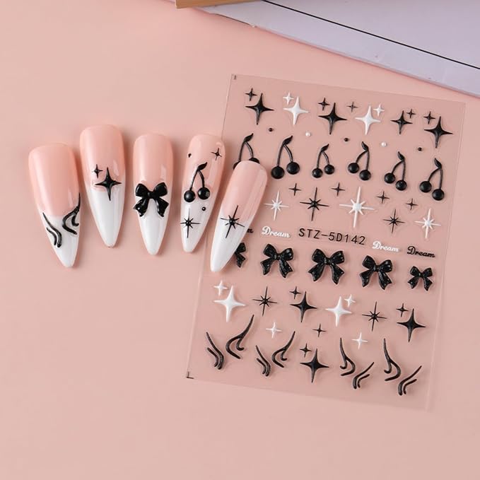3 Sheets Goth Nail Stickers for Nail Art 5D Punk Style Black Bow Nail Art Stickers Black Star Cherry Nail Decals Self-Adhesive Nails Supplies Dark Style Star Bow Nail Decoration for Women DIY Manicure