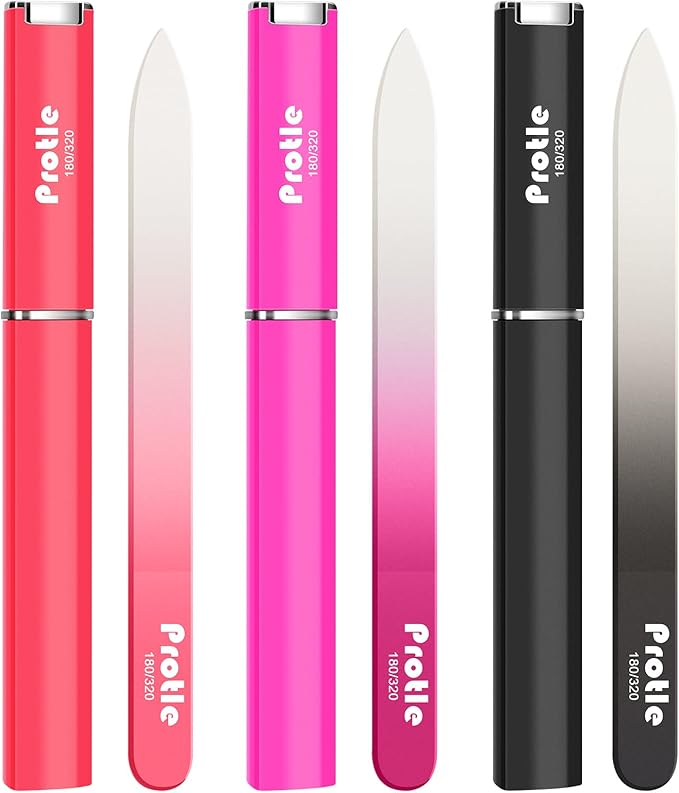 Glass Nail Files for Natural Nails,3Pack Double Sided 180/320 Crystal Nail Filer with Case,Professional Fingernail Files for Women Girls Gifts (Dark Color)
