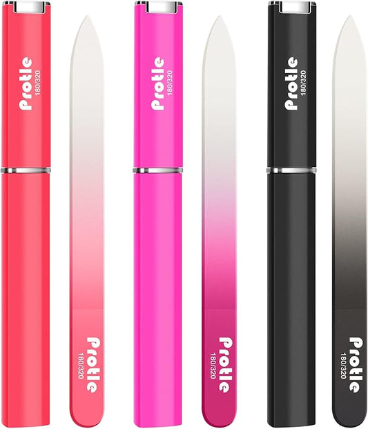Glass Nail Files for Natural Nails,3Pack Double Sided 180/320 Crystal Nail Filer with Case,Professional Fingernail Files for Women Girls Gifts (Dark Color)