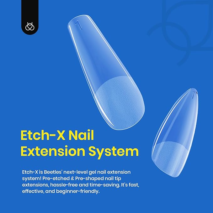 Beetles Gel Nail Kit Etch X Nail Tips 504Pcs Pre Filed Half Matte XS Short Coffin Gel Nail Tips Full Cover False Fake Clear Acrylic Press on Nails