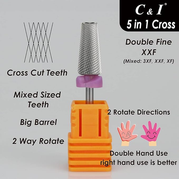 C & I 5 in 1 Multi-function Tapered Shape Nail Drill, Cross Teeth Edition, Professional Drill Bit for Nail Manicure Machine (Double Fine - XXF)
