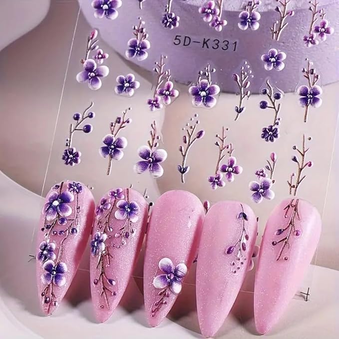 5D Embossed Branch Flowers Spring Nail Art Stickers Purple Flower Nail Stickers Colorful Floral Nail Decals 3 Sheets Flowers and Plants Nail Designs for Women Girls DIY Nail Art Supplies