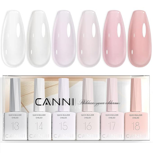 CANNI 6 Pcs 9 Ml Clear Builder Nail Gel Polish Set- Milky White Neutral Nude Pink Colors Builder for Nails Strengthener Gel Thickening Extension for Beginners DIY Home Salon Manicure