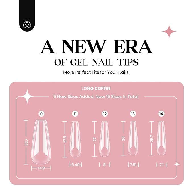 Beetles Gel Nail Kit 600Pcs Long Coffin Nail Tips with Pink Gel Polish Top Coat,15 Sizes Soft Clear Press on Nails 5 In 1 Nail Glue Uv Lamp Easy Nail Extension Set for Women