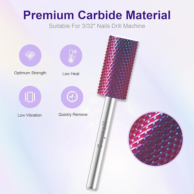 3/32" Large Barrel Bit Tungsten Carbide Nail Drill Bit Safety Bit for Gel & Acrylic Removal, 2- Way Rotating Efile Tip, Salon Electric File Accessory (M Girt, Purple)