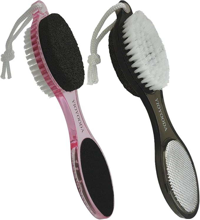Foot File Callus Remover 4-in-1, 2 Pcs Feet Scraper Pedicure Tools with Pumice Stone, Scrubber Brush, Foot Rasp and Sand Paper, Double Sided Multi Purpose, Clear Black and Pink