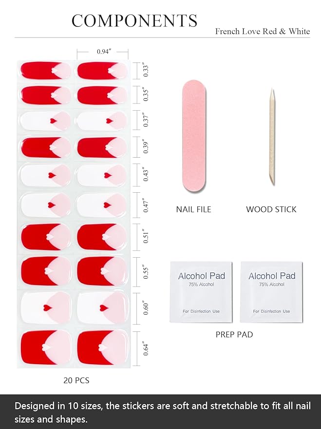 Semi Cured Gel Nail Strips (French Love Red & White)