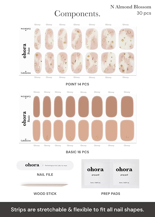ohora Semi Cured Gel Nail Strips (N Almond Blossom) - Nude, Patterned, Works with Any UV/LED Lamps, Salon-Quality, Long Lasting, Easy to Apply & Remove - Includes 2 Prep Pads, Nail File & Wooden Stick