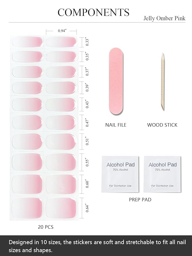 Semi Cured Gel Nail Strips (Jelly Omber Pink), 20 Pcs Gel Nail Wraps, Stickers, Salon Quality, Long Lasting, Works With Any Lamps