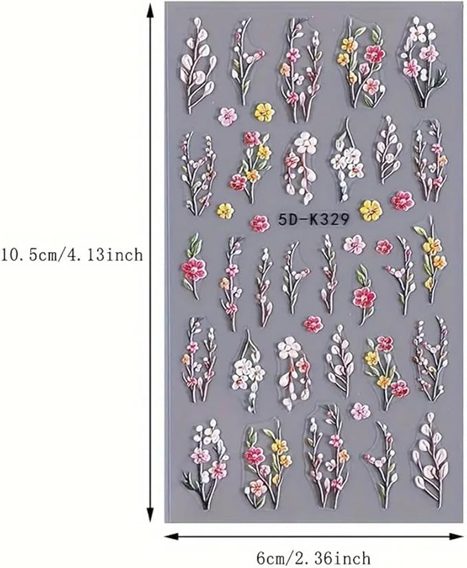 5D Embossed Branch Flowers Spring Nail Art Stickers Purple Flower Nail Stickers Colorful Floral Nail Decals 3 Sheets Flowers and Plants Nail Designs for Women Girls DIY Nail Art Supplies