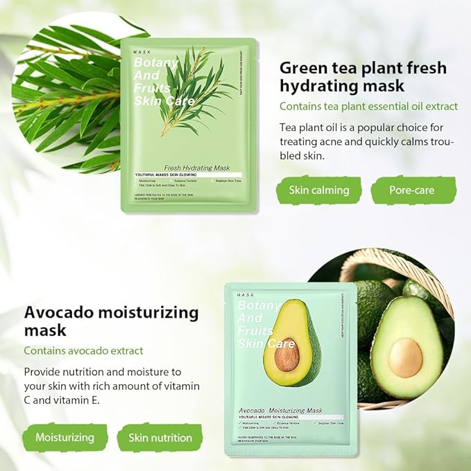 6 PCS Real Hydrating Avocado Honey Pomegranate Aloe Vera Nature Face Masks Skincare, Hyaluronic Acid, Vitamin C and E, Korean Beauty Essence Facial Paper Sheet Mask for Skin Care Moisturizing