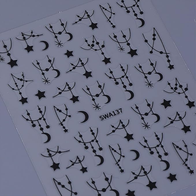 Star Nail Stickers for Nail Art 3D Self-Adhesive Moon Nail Decals Black Silver Star Nail Art Stickers for Women 6 Sheets