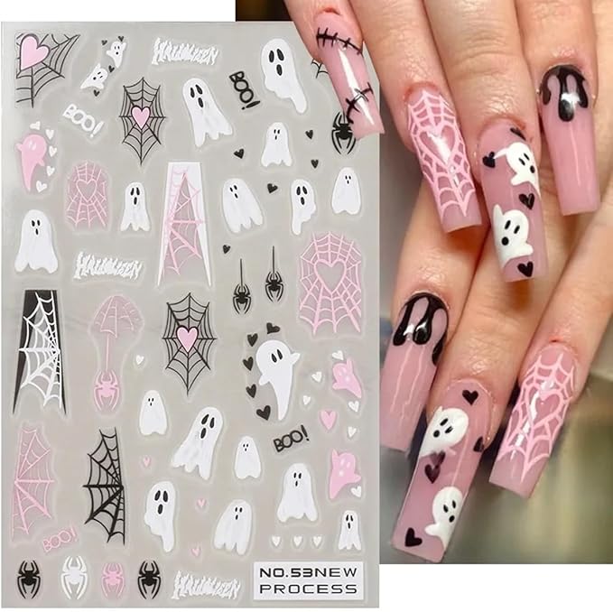 6 Sheets Halloween Nail Art Stickers Gothic Ghost Nail Decals Skull Pumpkin Spider Nail Design Horror Nail Stickers 3D Self-Adhesive Acrylic Nail Art Supplies for Women Girls DIY Halloween Manicure