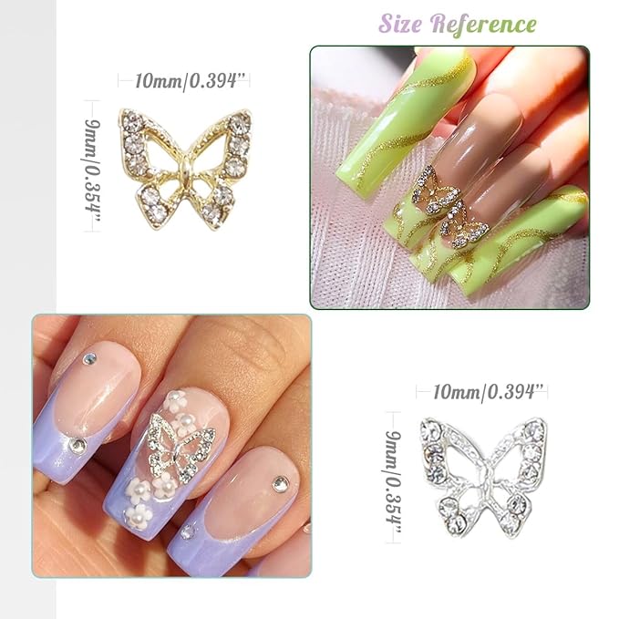 48pcs Butterfly Nail Charms Bulk 3D Golden Silver Butterflies Charms for Acrylic Nails, Nail Rhinestones Charms Alloy Studs Nail Art Jewels Diamonds Gems Decor Supplies for Nails Face Makeup