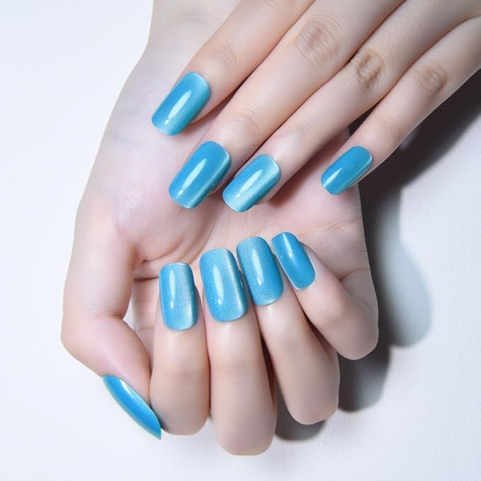 Aqua Blue Cat Eye Press on Nails Medium Square, Medium Square Press Glue on Nails Chrome for Women Gift, Aqua Blue Holographic Glitter Glossy Reusable Gel Acrylic Fake Nail with Designs Cateye Effect