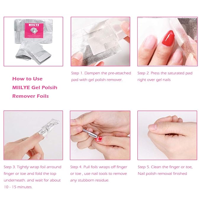 MIILYE Nail Polish Remover Foil Wraps for Acrylic/Dip Powder/UV/Gel/Polish Varnish Soak-off Removal, with Pre-attached Lint Free Pad (300x Nail Gel Polish Remover Wraps)