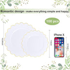 100Pcs White Gold Scalloped Plastic Dinner Plates Set - Image 8