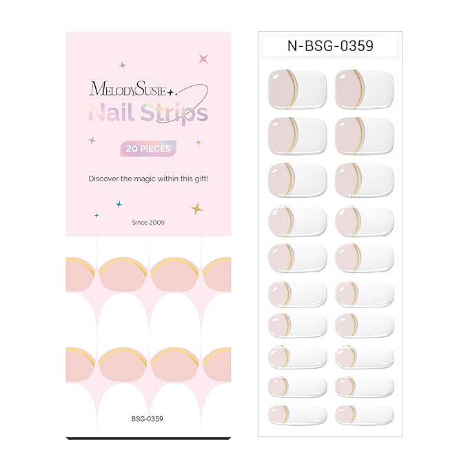 MelodySusie Semi Cured Gel Nail Strips (Elegant French Tips), 20 PCS Designed Gold Line Gel Nail Stickers, Gel Nail Wraps, UV Light Required, Durable and Salon Quality