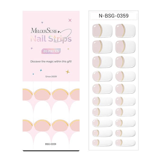 MelodySusie Semi Cured Gel Nail Strips (Elegant French Tips), 20 PCS Designed Gold Line Gel Nail Stickers, Gel Nail Wraps, UV Light Required, Durable and Salon Quality